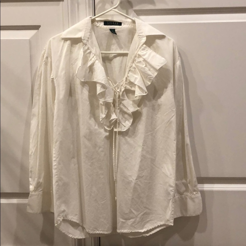 New vintage Ralph Lauren 100% cotton ruffle collar lace up front poet blouse top